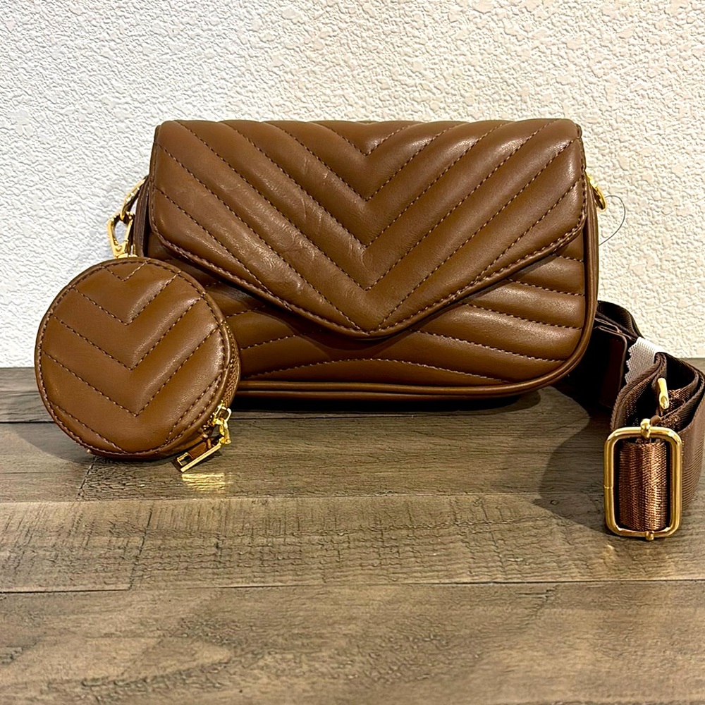 Brown Quilted Crossbody Bag with Gold Accents